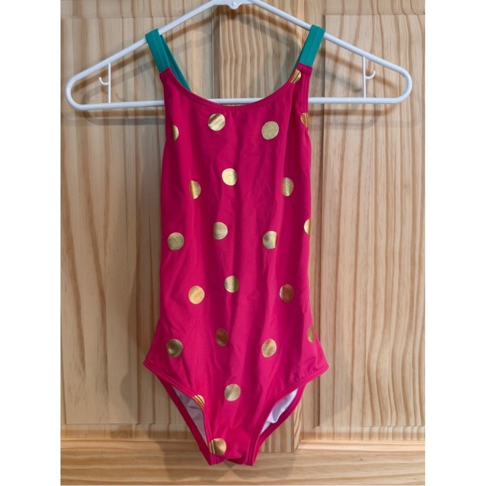 Mini Boden Girls Pink Gold Polka Dot One Piece Swimsuit Teal Straps Size 7-8Y‎